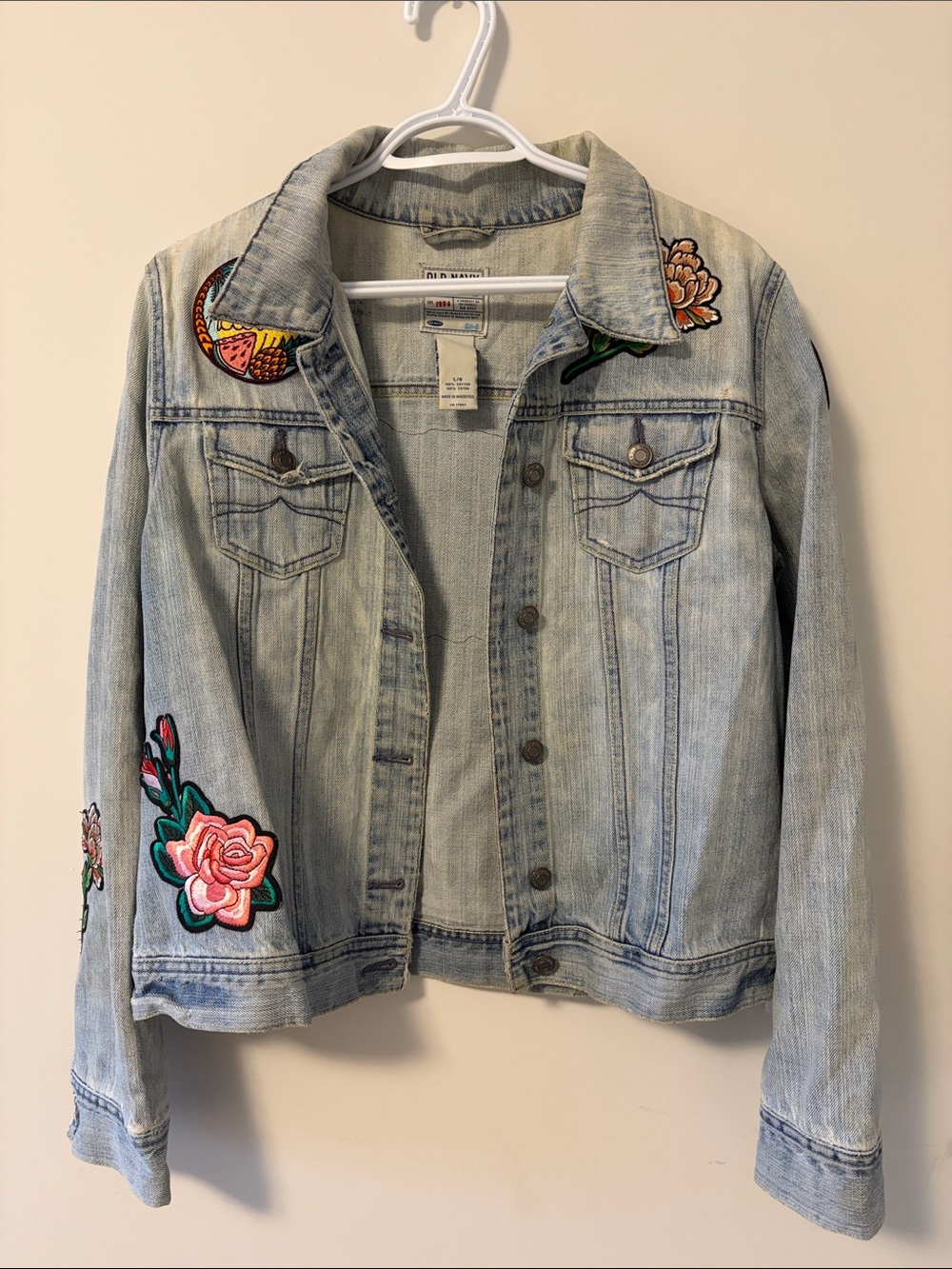 Old Navy Light Wash Denim Jacket with Pink Floral Patches